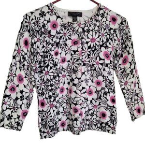 Cable & Gauge Cardigan Sweater White & Pink Flower Rhinestone Looking Buttons